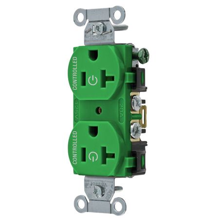 HUBBELL WIRING DEVICE-KELLEMS Straight Blade Devices, Receptacles, Duplex, Load Controlled, 20A 125V, 2-Pole 3-Wire Grounding, 5-20R, Back and Side Wired, Green BR20C2GN